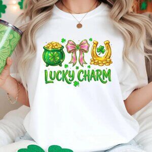 Graphic Lucky Charm Shirt, Shamrock Bow Tee, Gift For St Patricks Day